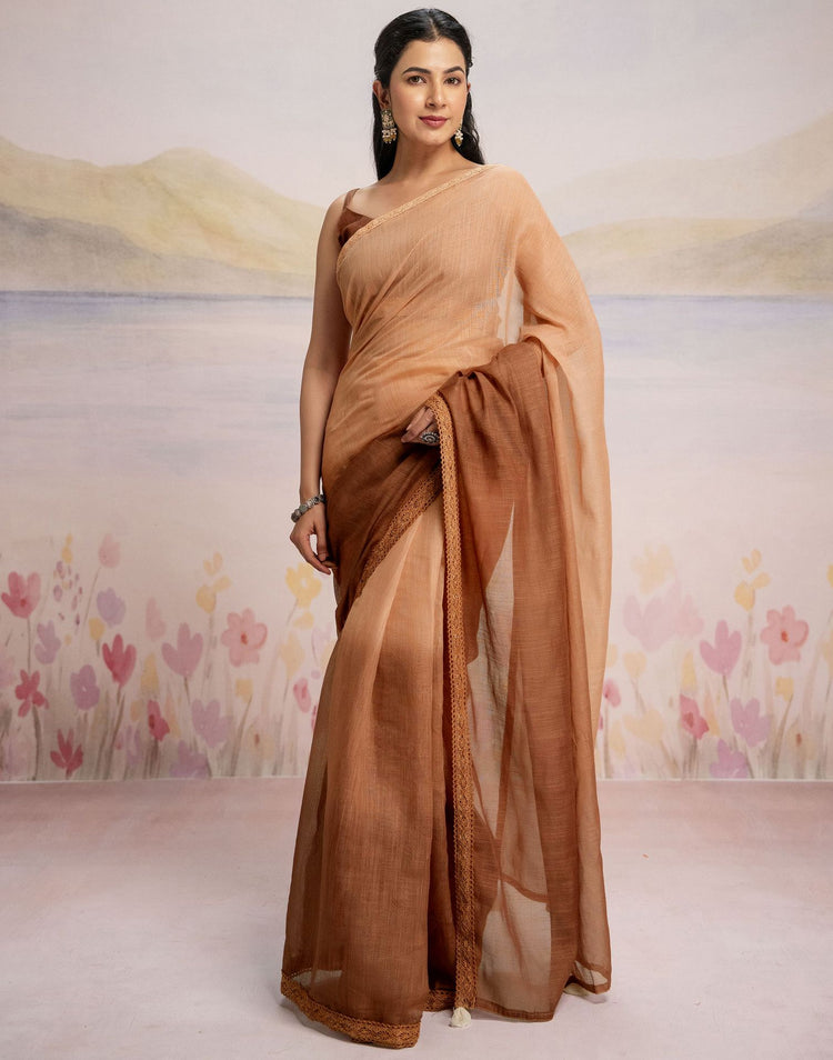 Ready To Wear Brown Linen Ombre Lace Saree With Pocket