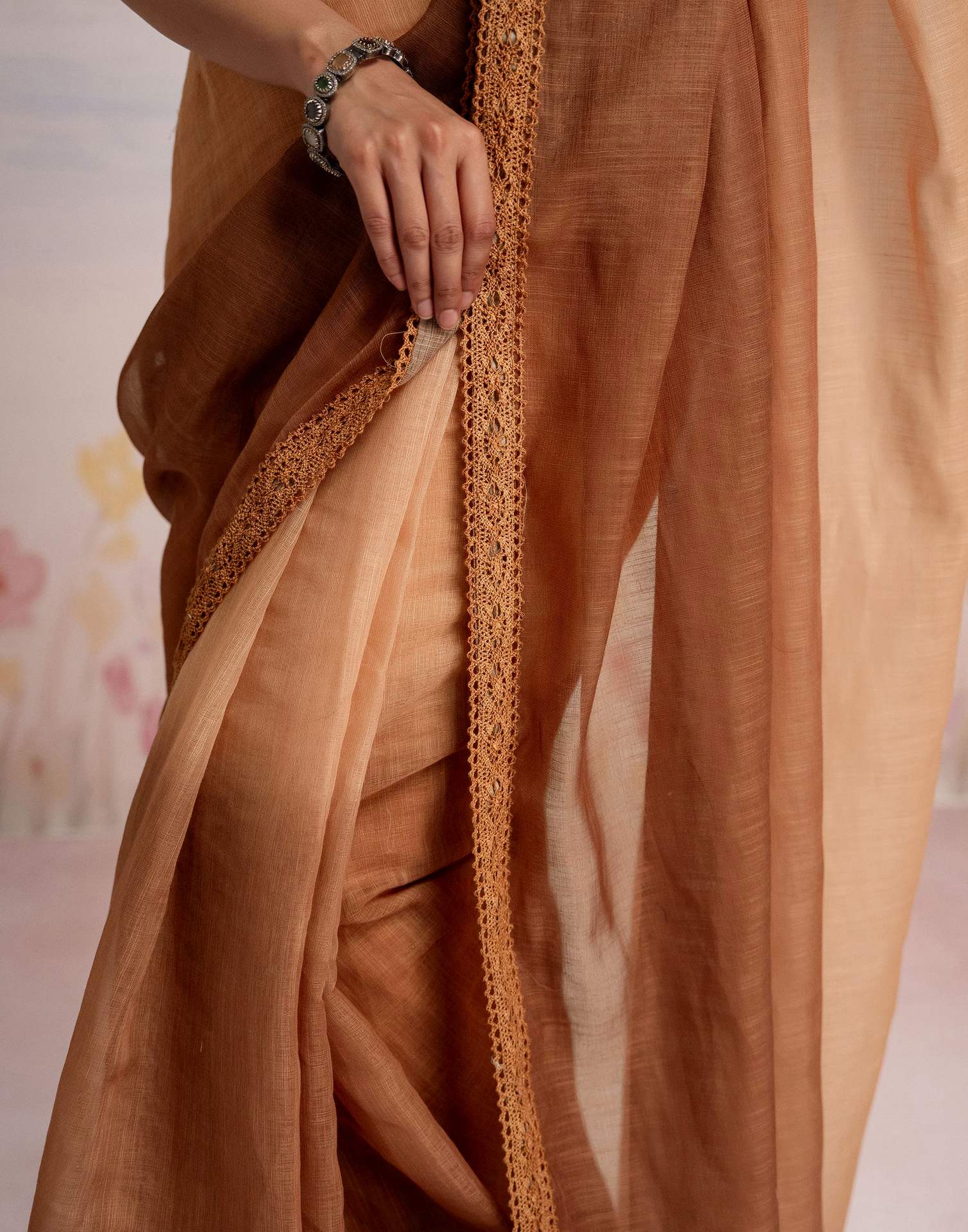 Ready To Wear Brown Linen Ombre Lace Saree With Pocket