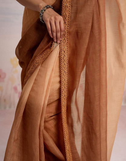 Ready To Wear Brown Linen Ombre Lace Saree With Pocket