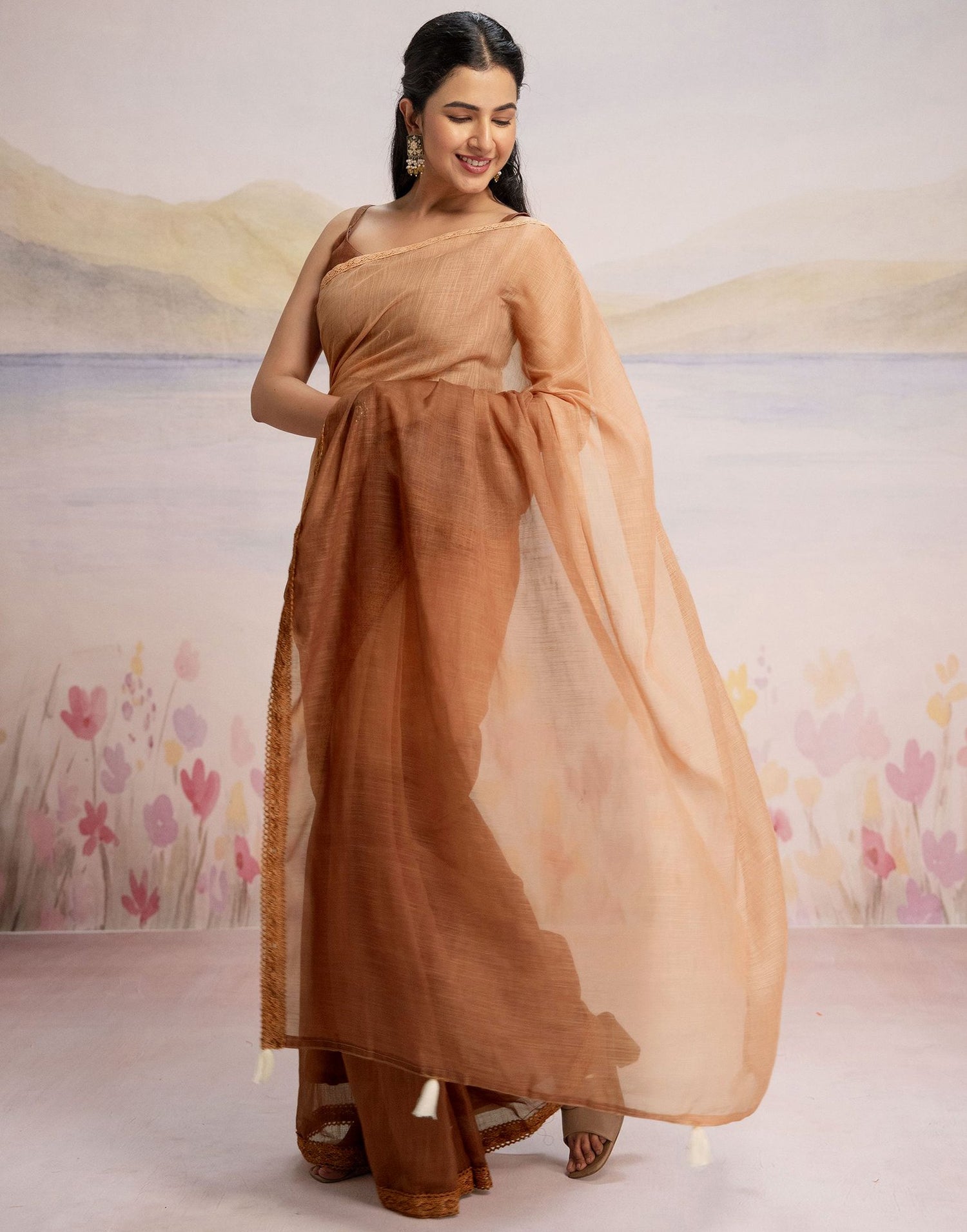 Ready To Wear Brown Linen Ombre Lace Saree With Pocket