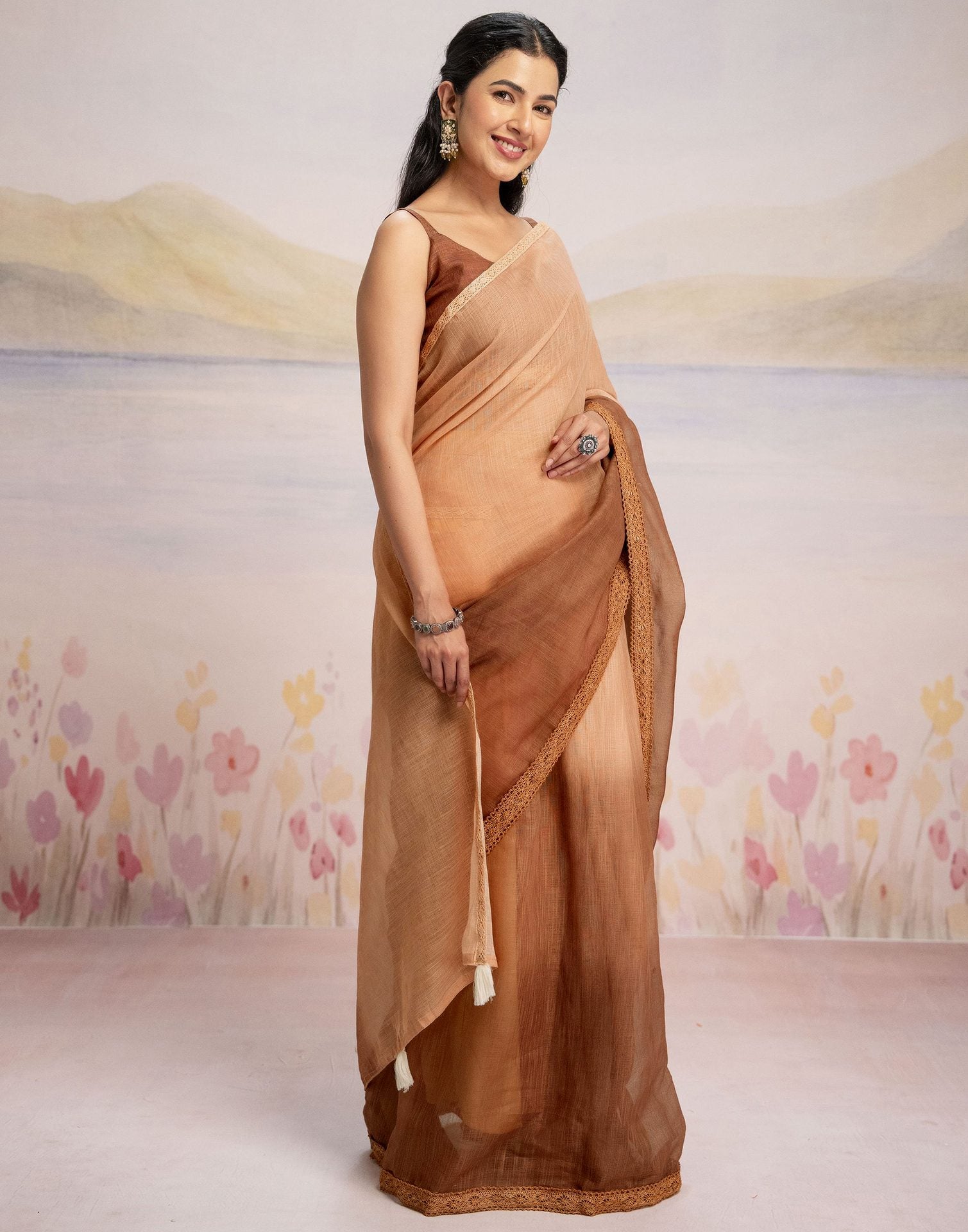 Ready To Wear Brown Linen Ombre Lace Saree With Pocket