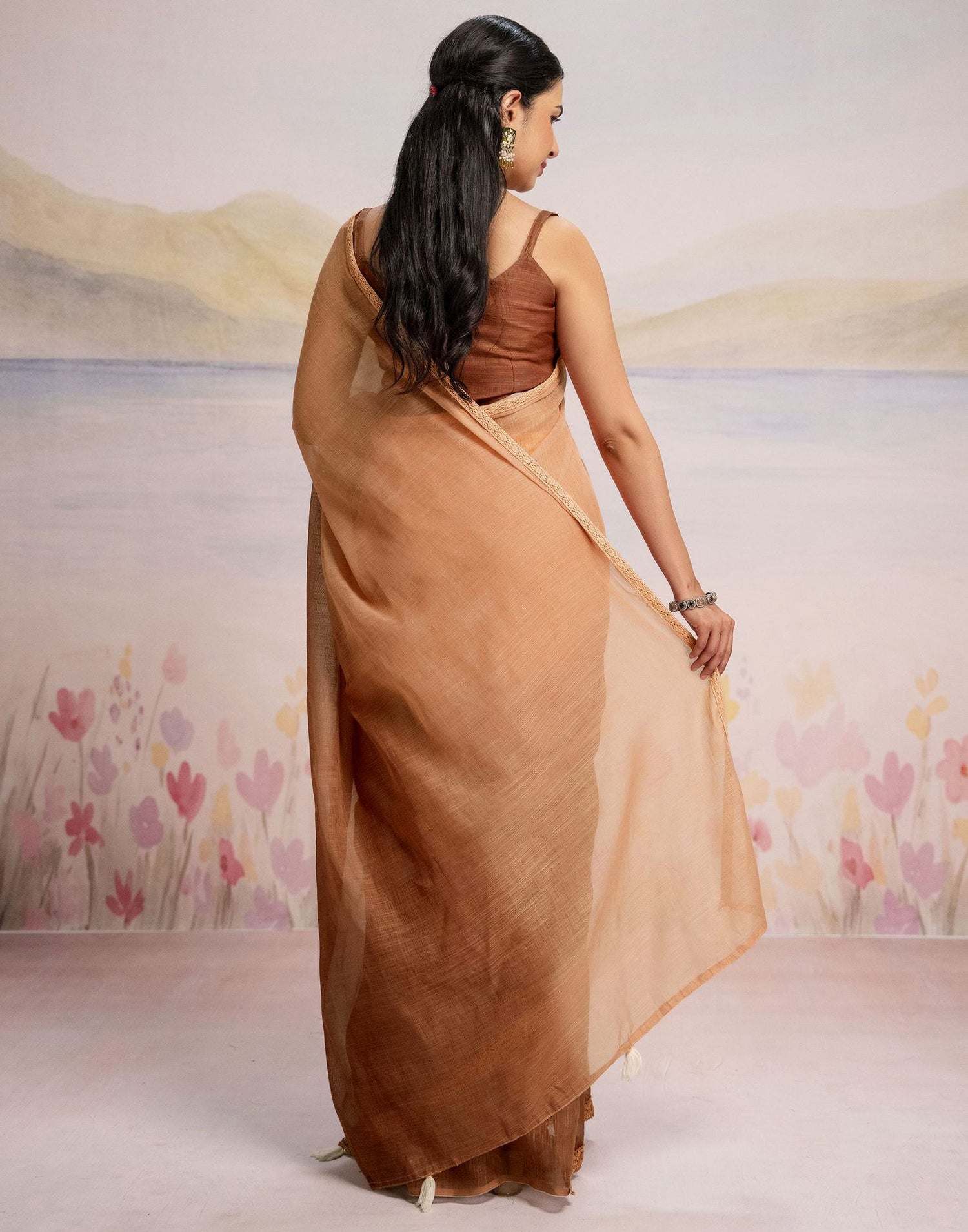 Ready To Wear Brown Linen Ombre Lace Saree With Pocket