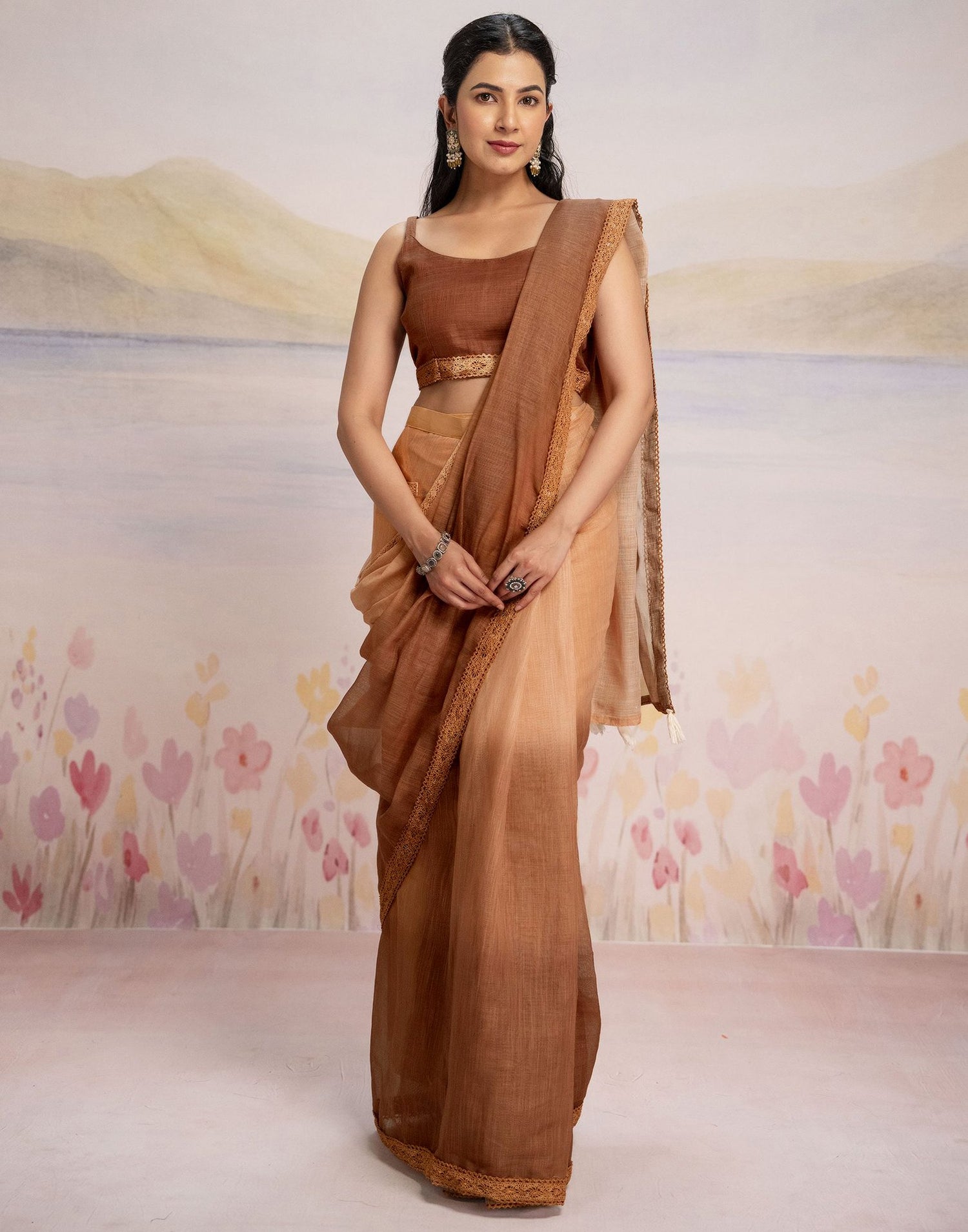Ready To Wear Brown Linen Ombre Lace Saree With Pocket