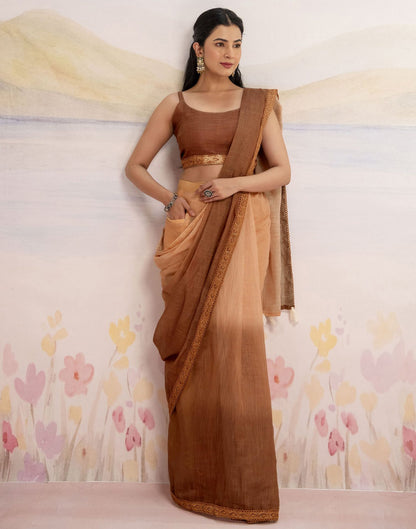 Ready To Wear Brown Linen Ombre Lace Saree With Pocket