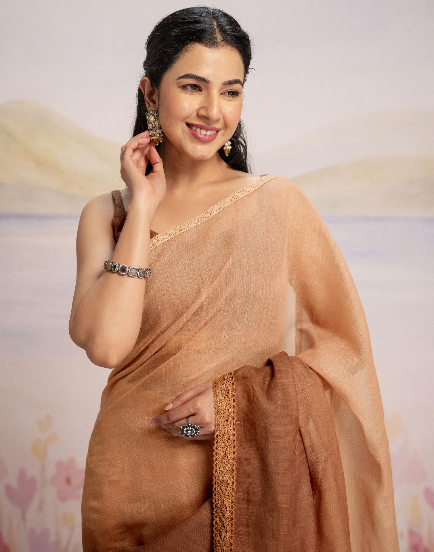 Ready To Wear Brown Linen Ombre Lace Saree With Pocket