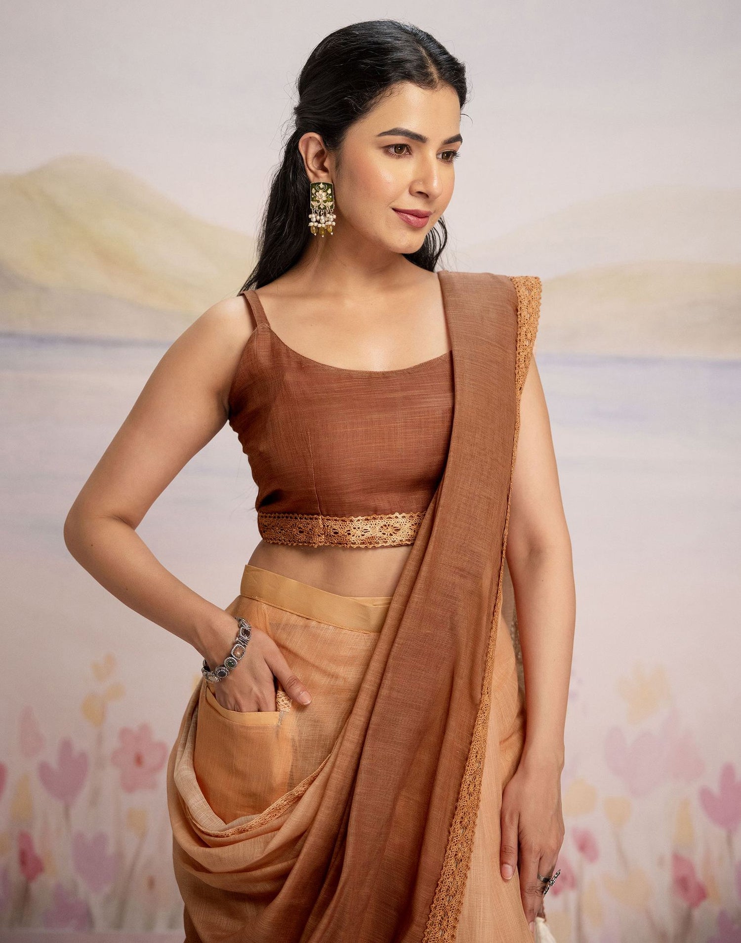 Ready To Wear Brown Linen Ombre Lace Saree With Pocket