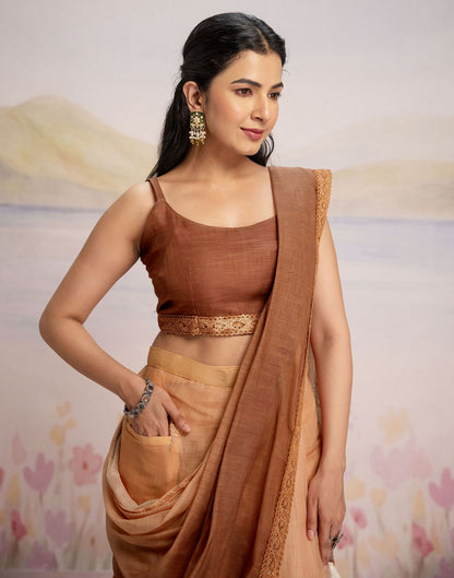 Ready To Wear Brown Linen Ombre Lace Saree With Pocket