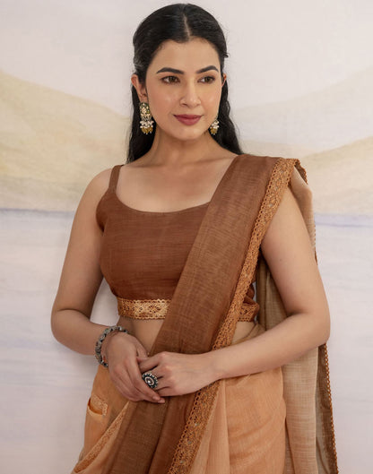 Ready To Wear Brown Linen Ombre Lace Saree With Pocket