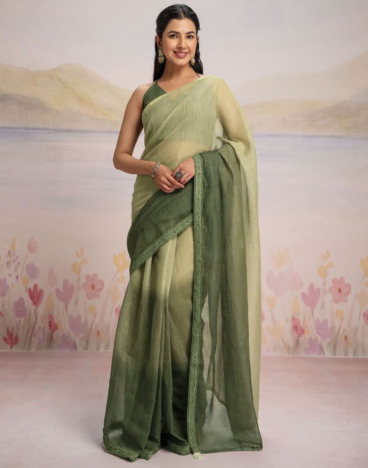 Ready To Wear Dark Green Linen Ombre Lace Saree With Pocket