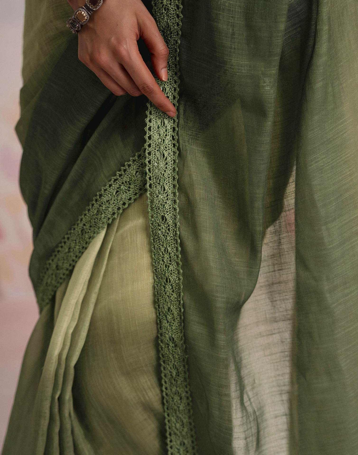 Ready To Wear Dark Green Linen Ombre Lace Saree With Pocket