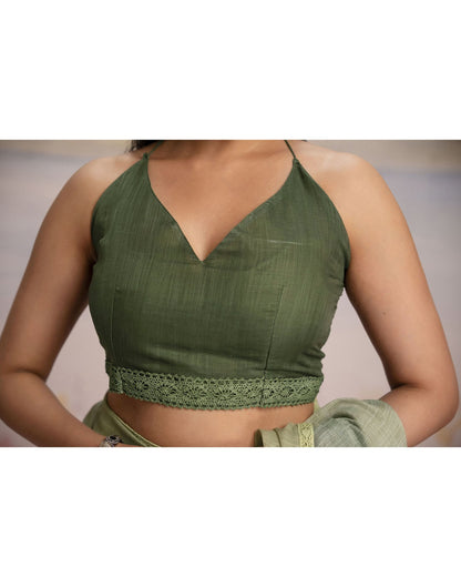 Ready To Wear Dark Green Linen Ombre Lace Saree With Pocket