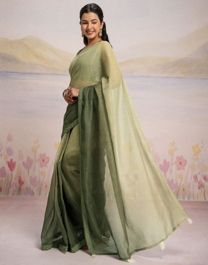 Ready To Wear Dark Green Linen Ombre Lace Saree With Pocket