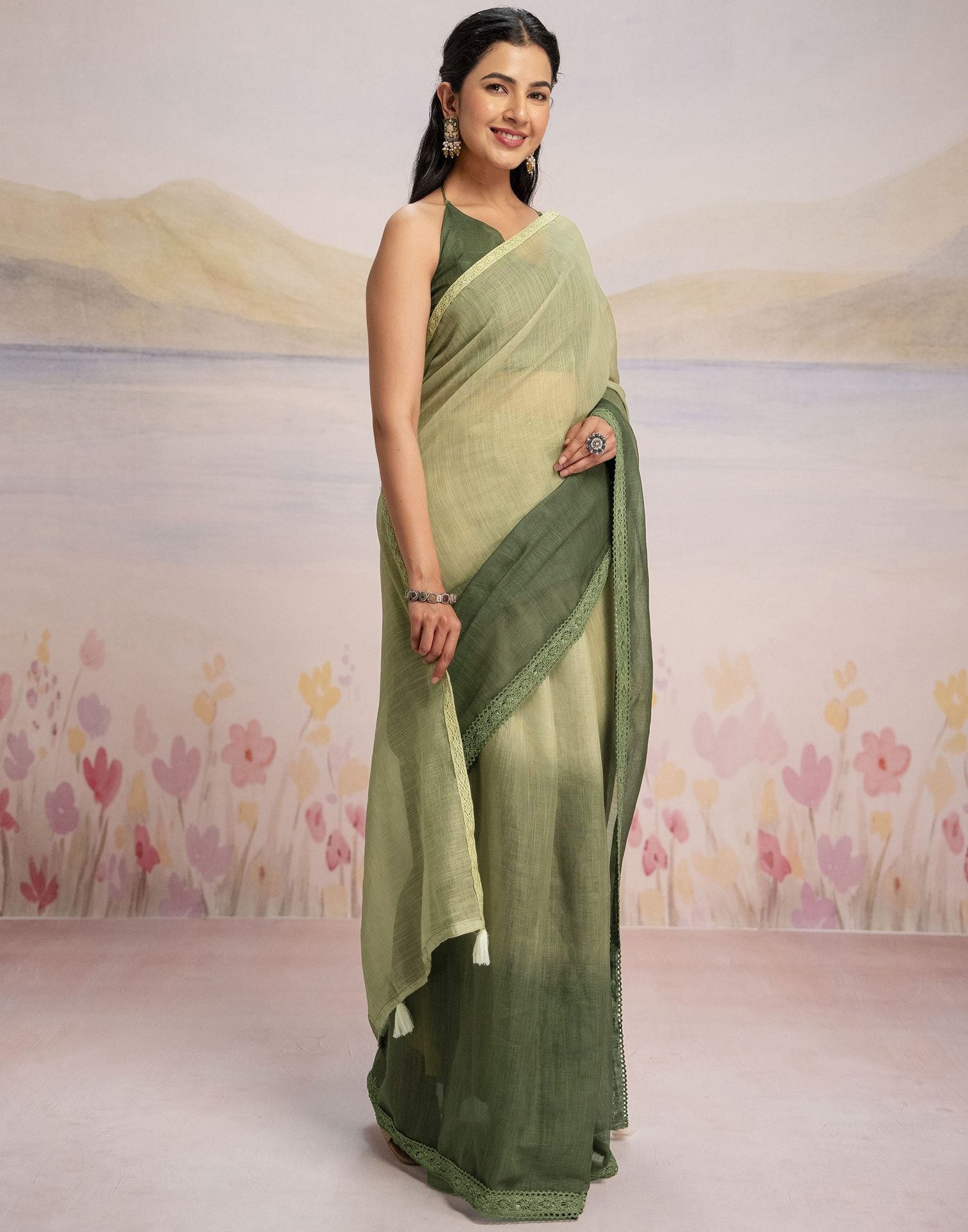 Ready To Wear Dark Green Linen Ombre Lace Saree With Pocket