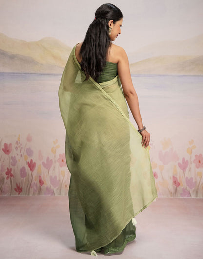Ready To Wear Dark Green Linen Ombre Lace Saree With Pocket