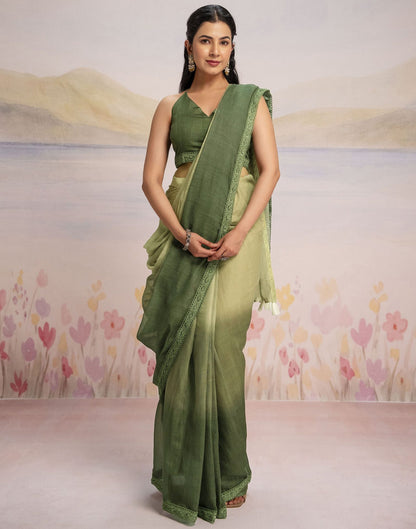 Ready To Wear Dark Green Linen Ombre Lace Saree With Pocket