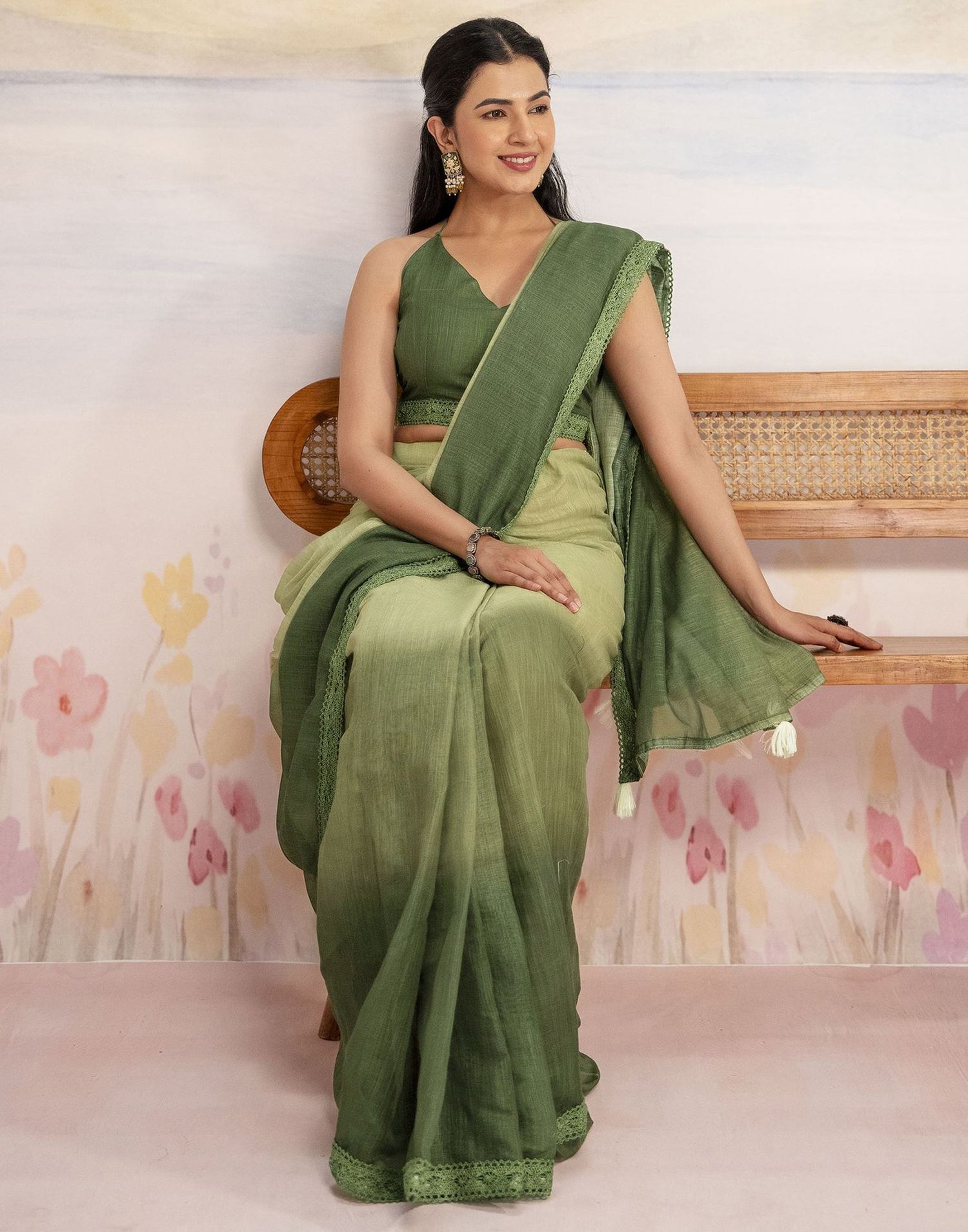 Ready To Wear Dark Green Linen Ombre Lace Saree With Pocket