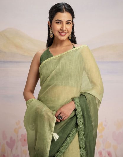Ready To Wear Dark Green Linen Ombre Lace Saree With Pocket