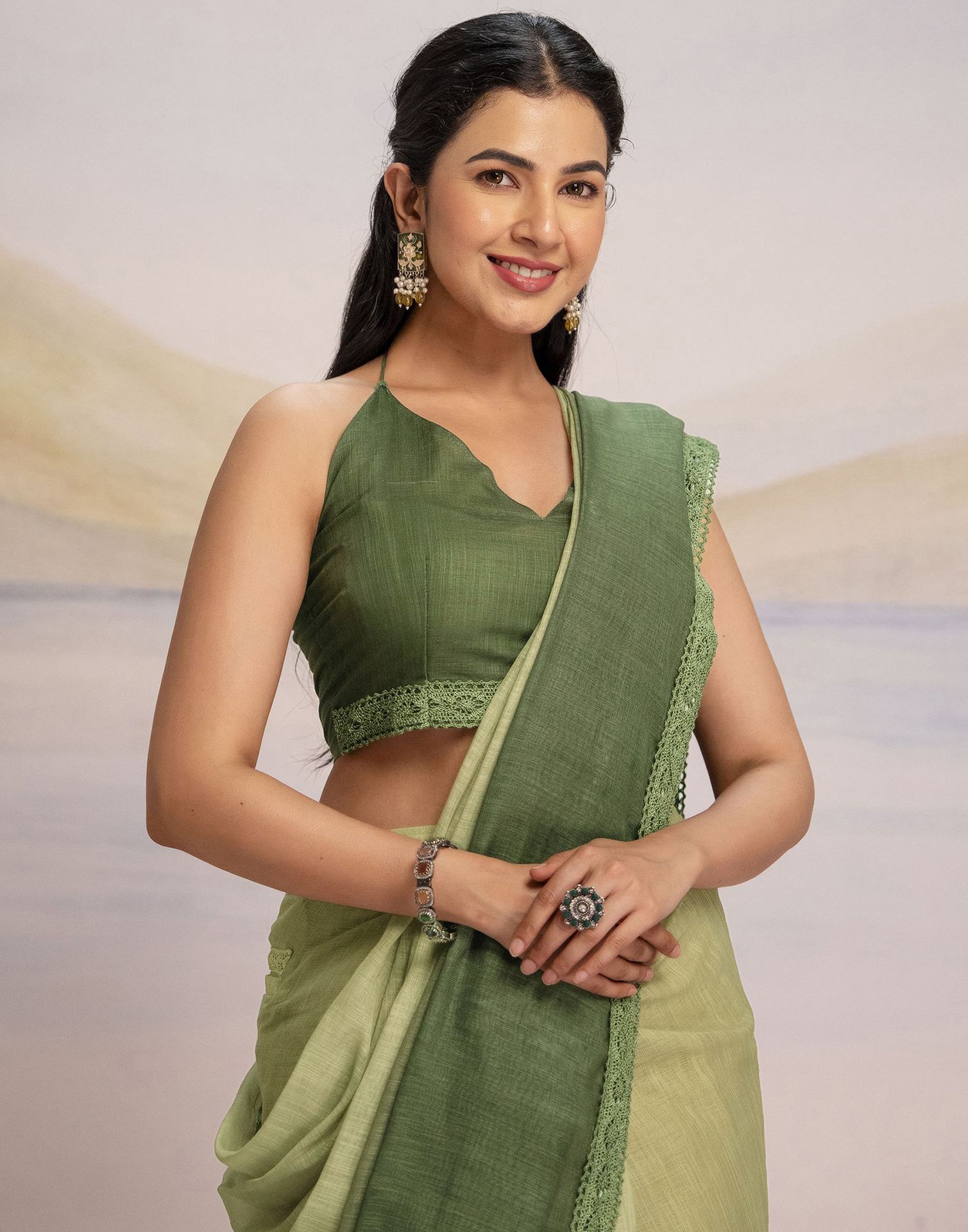 Ready To Wear Dark Green Linen Ombre Lace Saree With Pocket