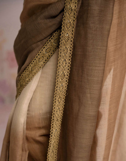 Ready To Wear Brown Linen Ombre Lace Saree With Pocket