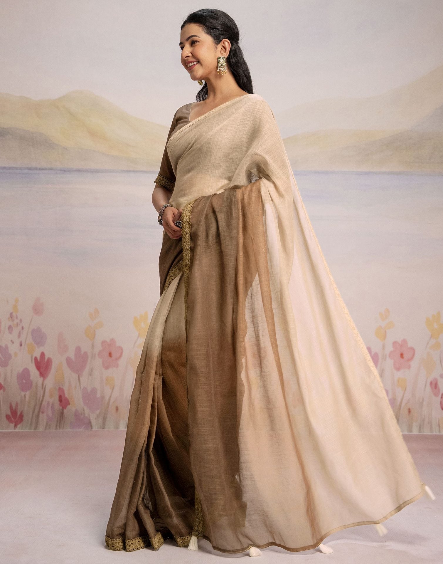 Ready To Wear Brown Linen Ombre Lace Saree With Pocket