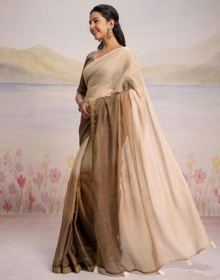 Ready To Wear Brown Linen Ombre Lace Saree With Pocket
