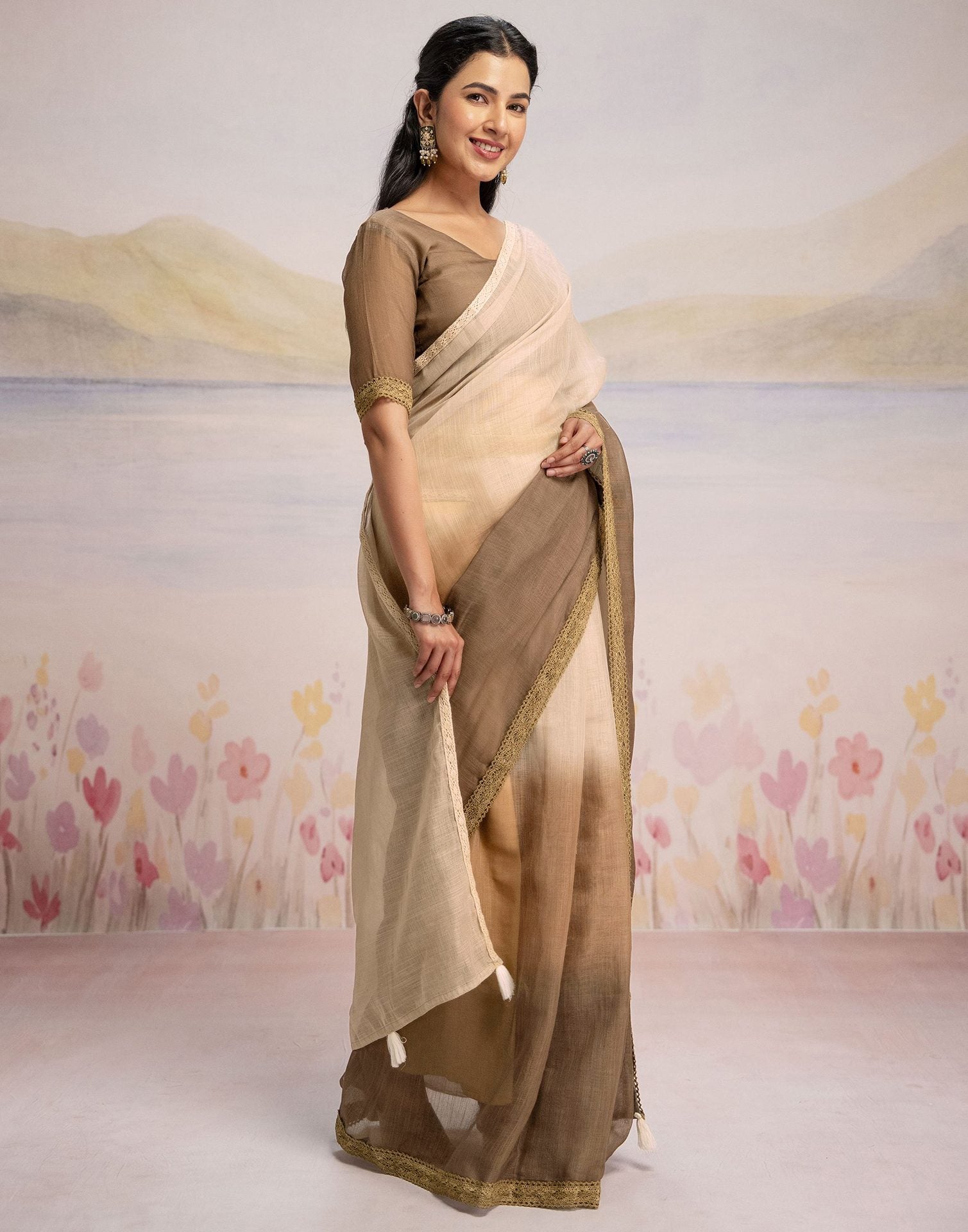 Ready To Wear Brown Linen Ombre Lace Saree With Pocket