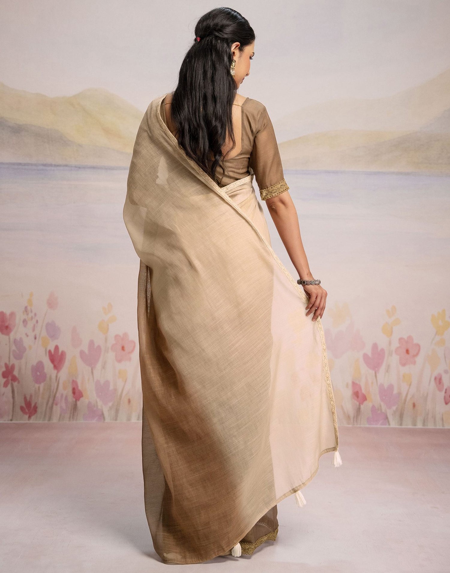 Ready To Wear Brown Linen Ombre Lace Saree With Pocket