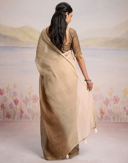 Ready To Wear Brown Linen Ombre Lace Saree With Pocket