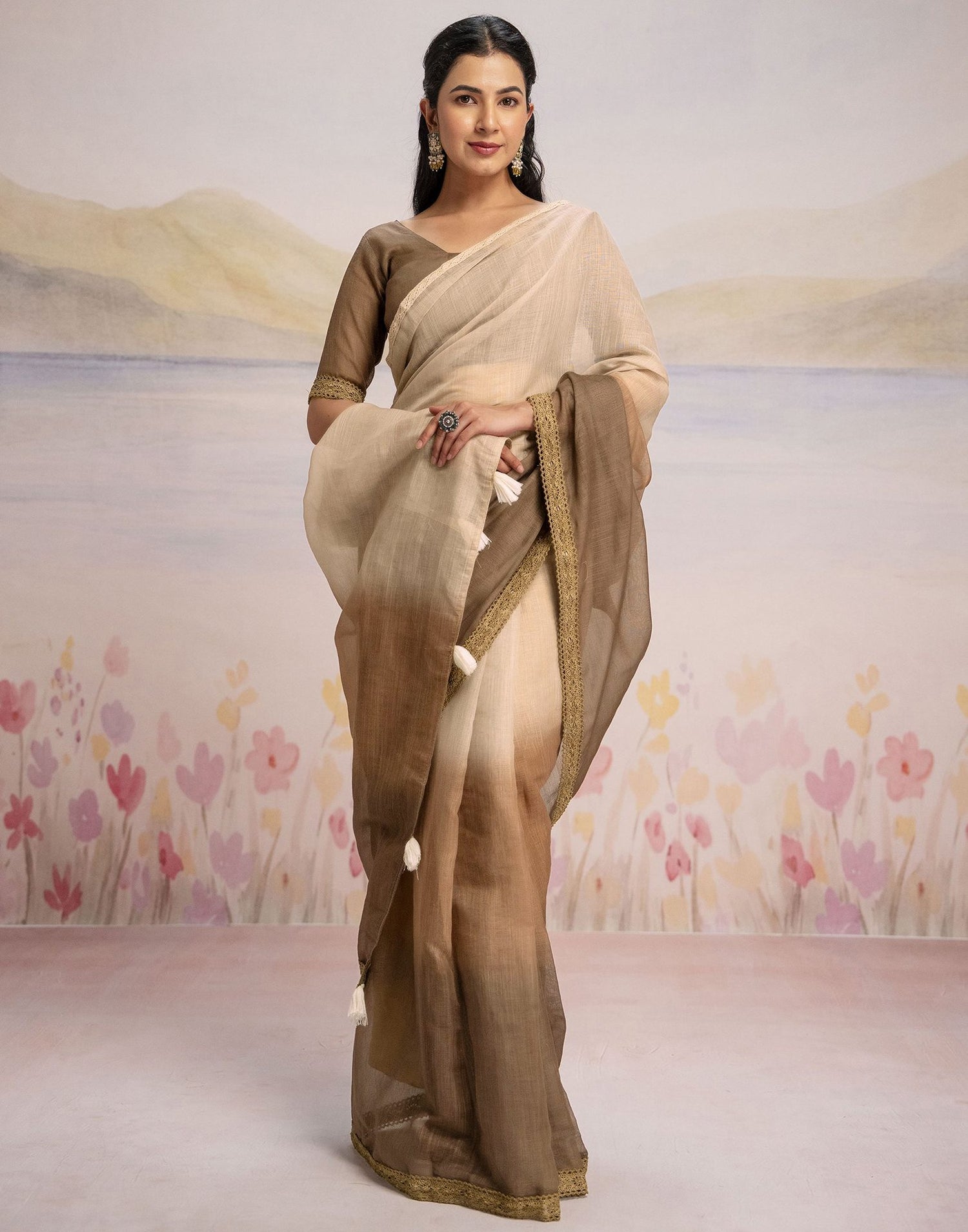 Ready To Wear Brown Linen Ombre Lace Saree With Pocket