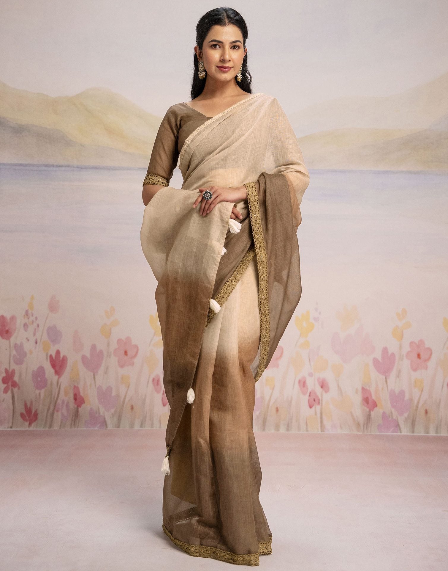 Ready To Wear Brown Linen Ombre Lace Saree With Pocket