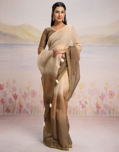 Ready To Wear Brown Linen Ombre Lace Saree With Pocket