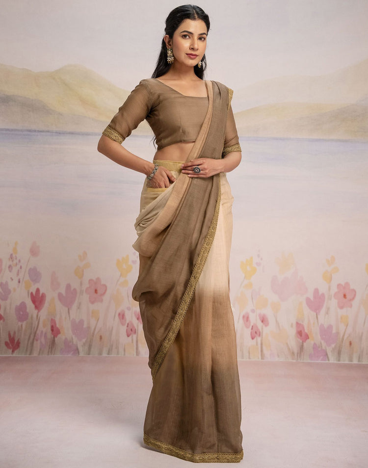 Ready To Wear Brown Linen Ombre Lace Saree With Pocket