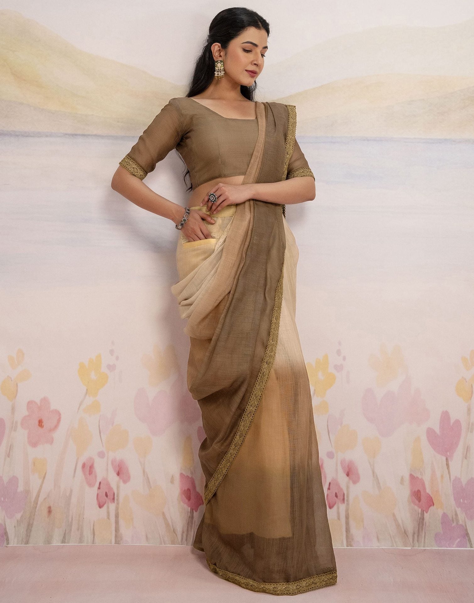 Ready To Wear Brown Linen Ombre Lace Saree With Pocket