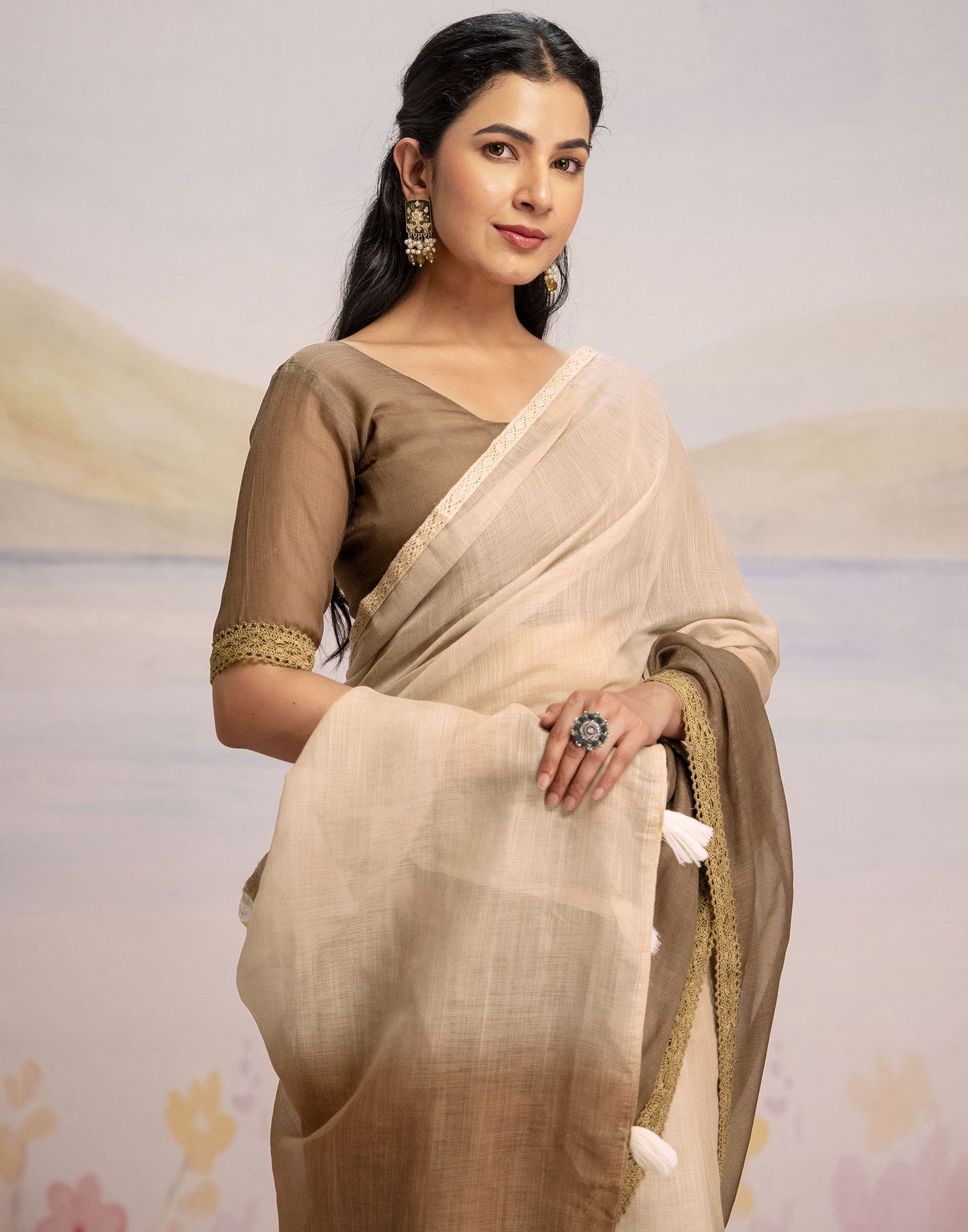 Ready To Wear Brown Linen Ombre Lace Saree With Pocket