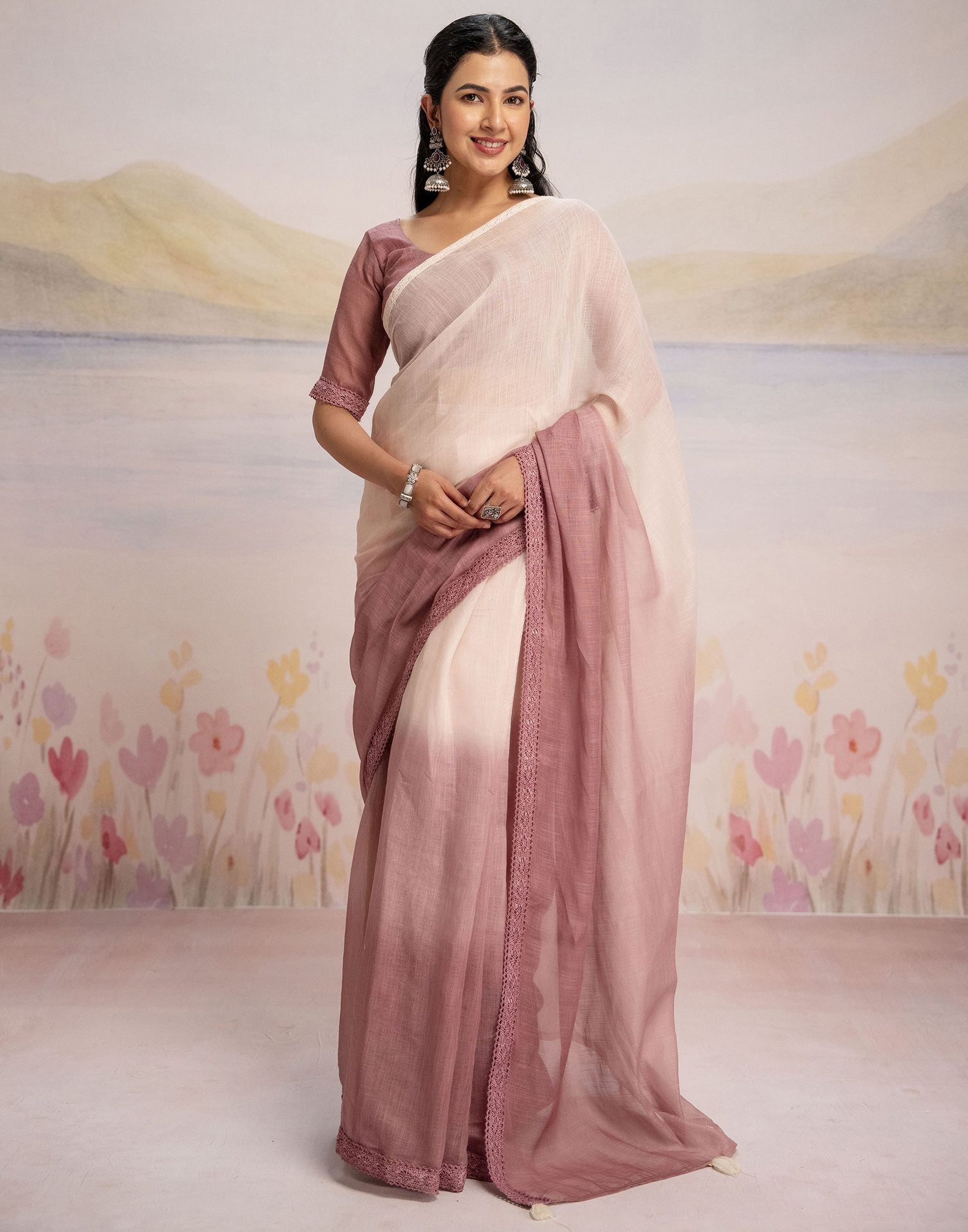 Ready To Wear Dusty Rose Pink Linen Ombre Lace Saree With Pocket