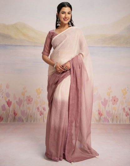 Ready To Wear Dusty Rose Pink Linen Ombre Lace Saree With Pocket