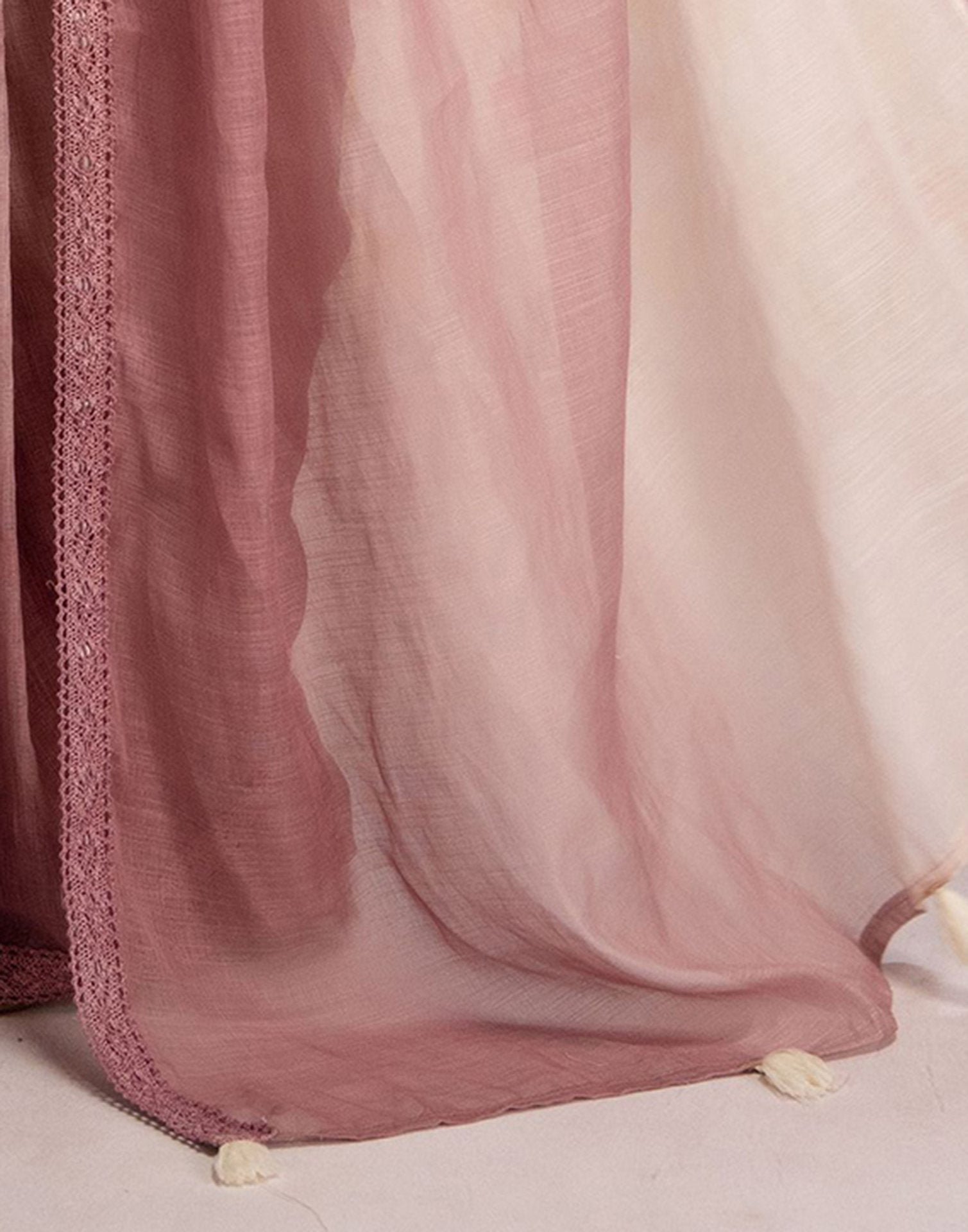 Ready To Wear Dusty Rose Pink Linen Ombre Lace Saree With Pocket