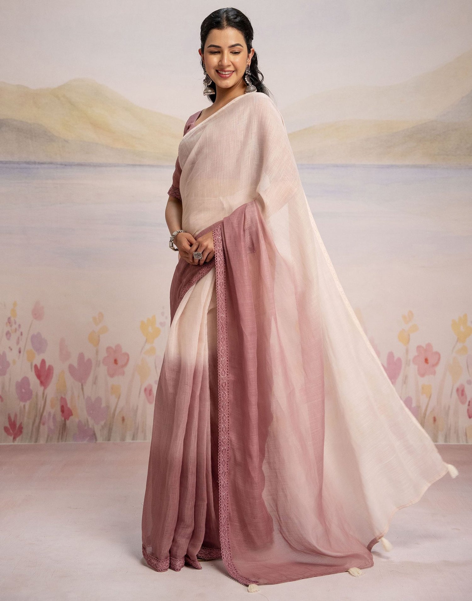 Ready To Wear Dusty Rose Pink Linen Ombre Lace Saree With Pocket