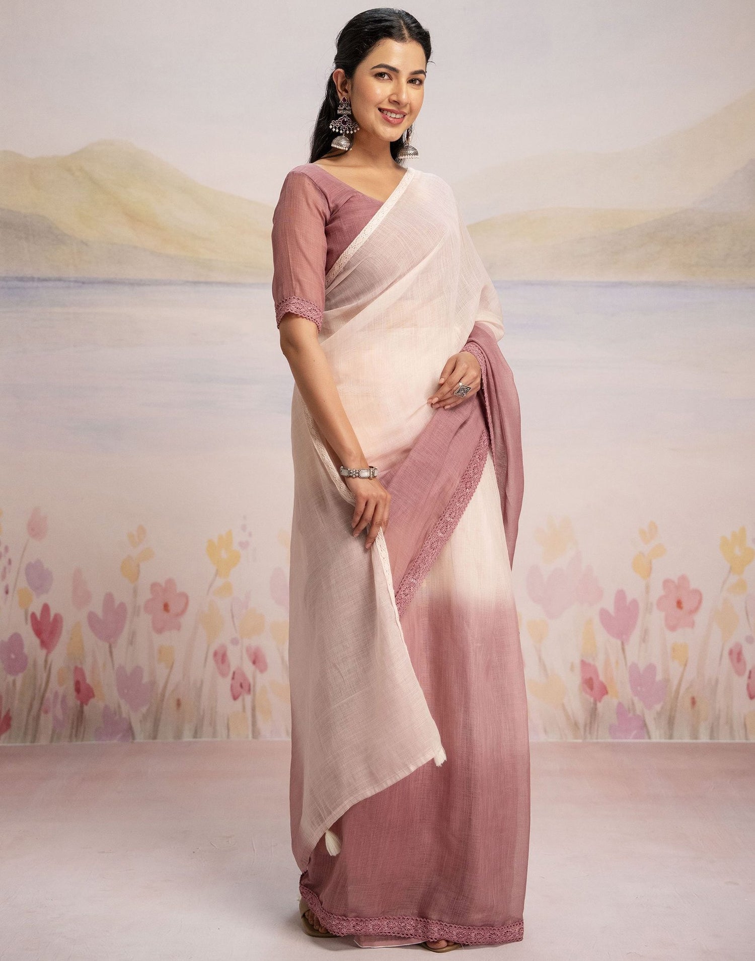 Ready To Wear Dusty Rose Pink Linen Ombre Lace Saree With Pocket