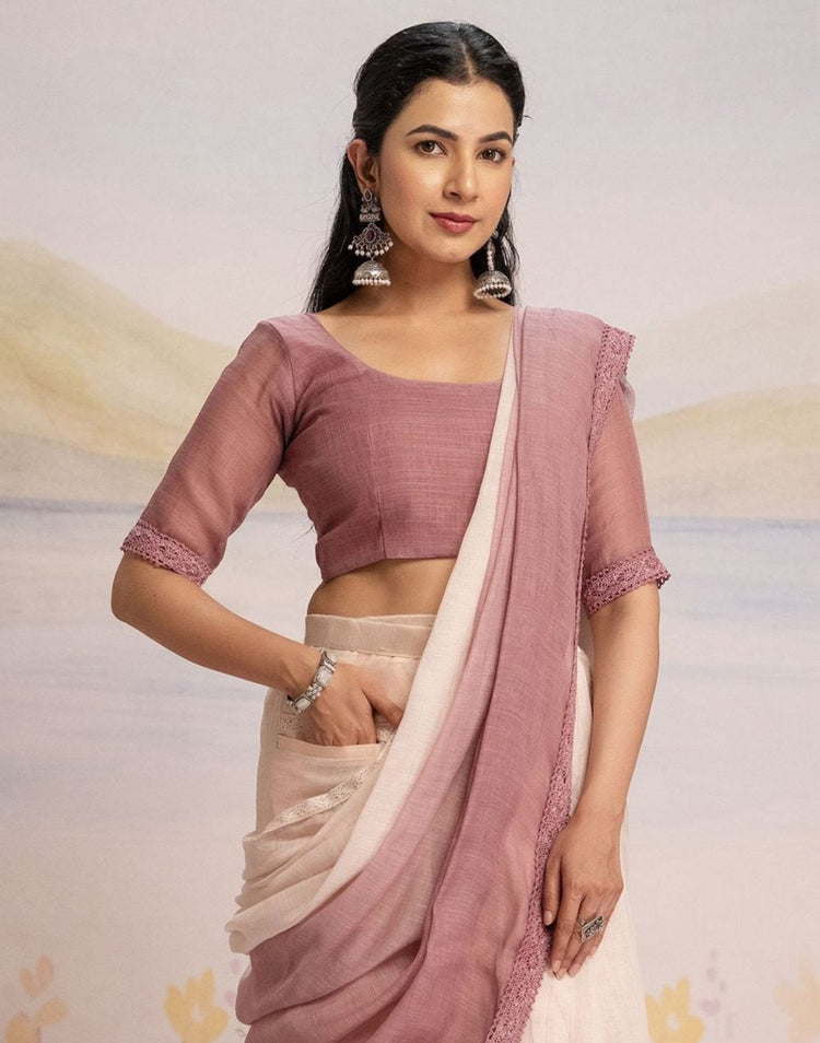 Ready To Wear Dusty Rose Pink Linen Ombre Lace Saree With Pocket