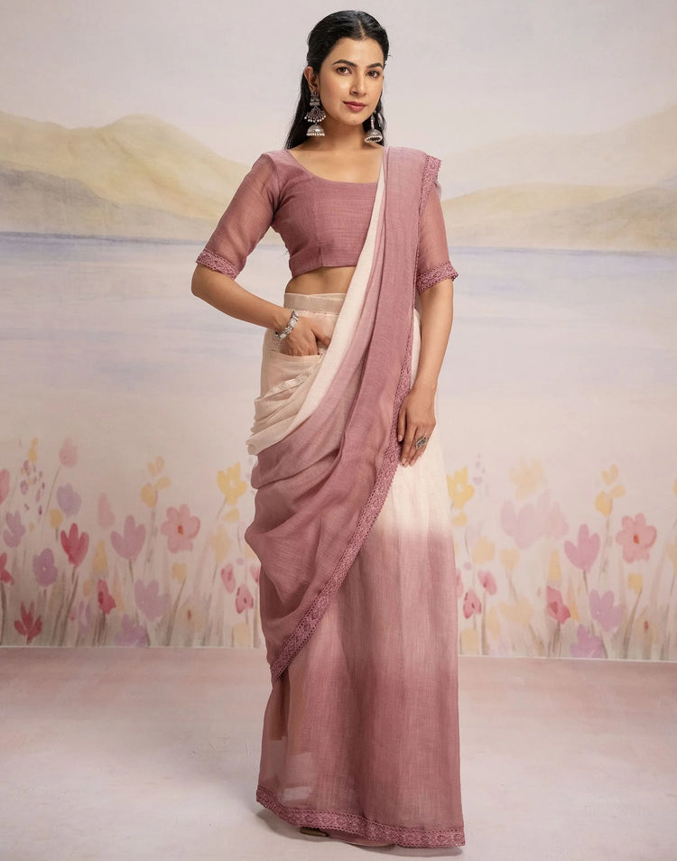 Ready To Wear Dusty Rose Pink Linen Ombre Lace Saree With Pocket