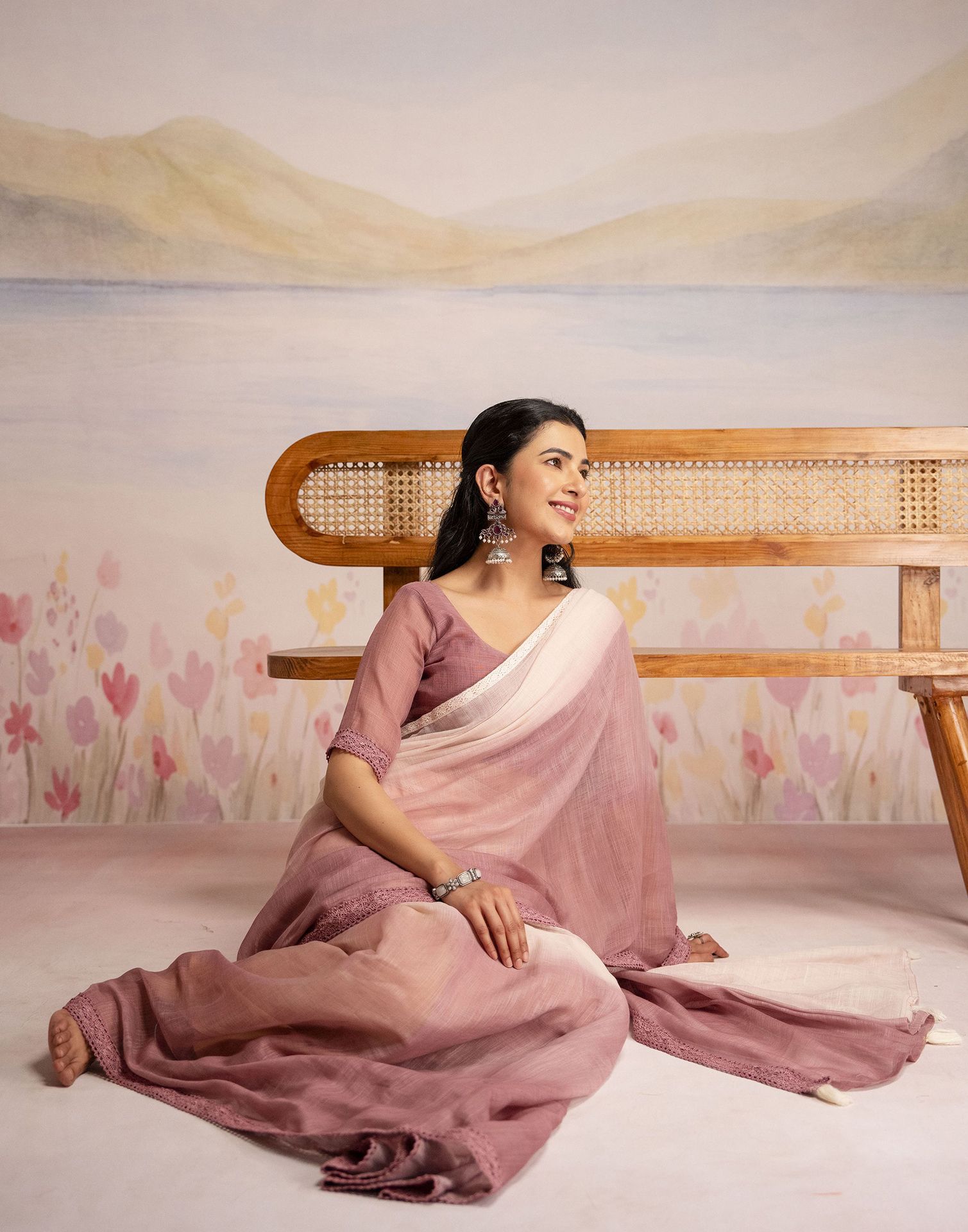 Ready To Wear Dusty Rose Pink Linen Ombre Lace Saree With Pocket
