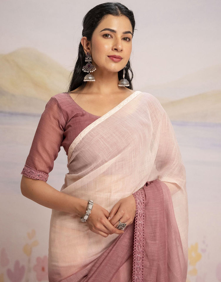 Ready To Wear Dusty Rose Pink Linen Ombre Lace Saree With Pocket