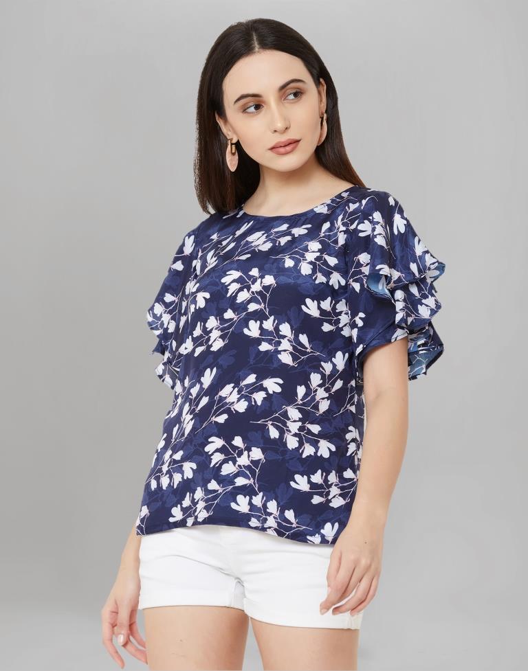 Ambitious Blue Coloured Printed Silk Crepe Tops | Sudathi
