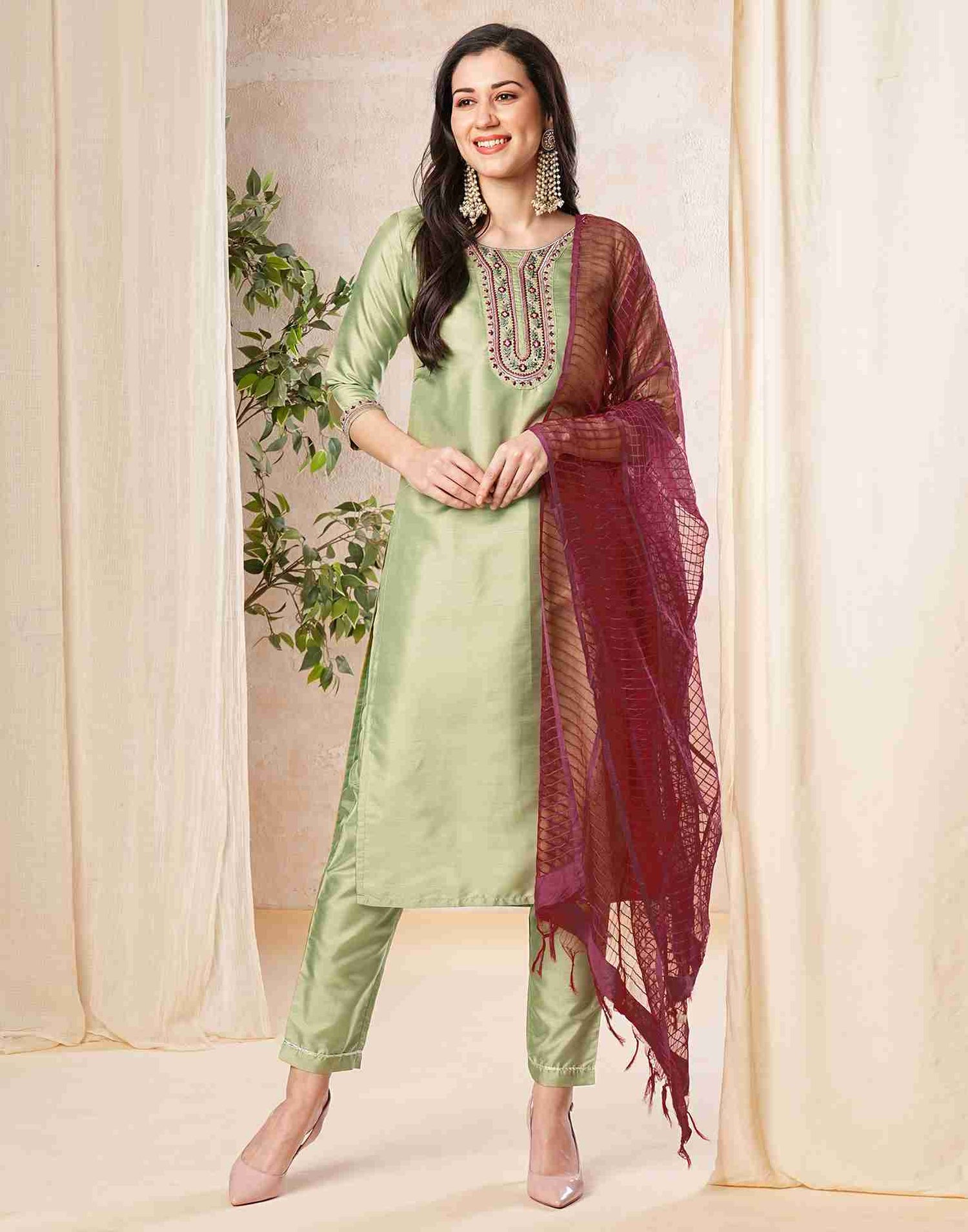 Light Green Embroidery Silk Straight Kurta With Pant And Dupatta