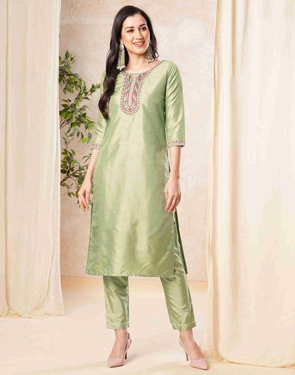 Light Green Embroidery Silk Straight Kurta With Pant And Dupatta