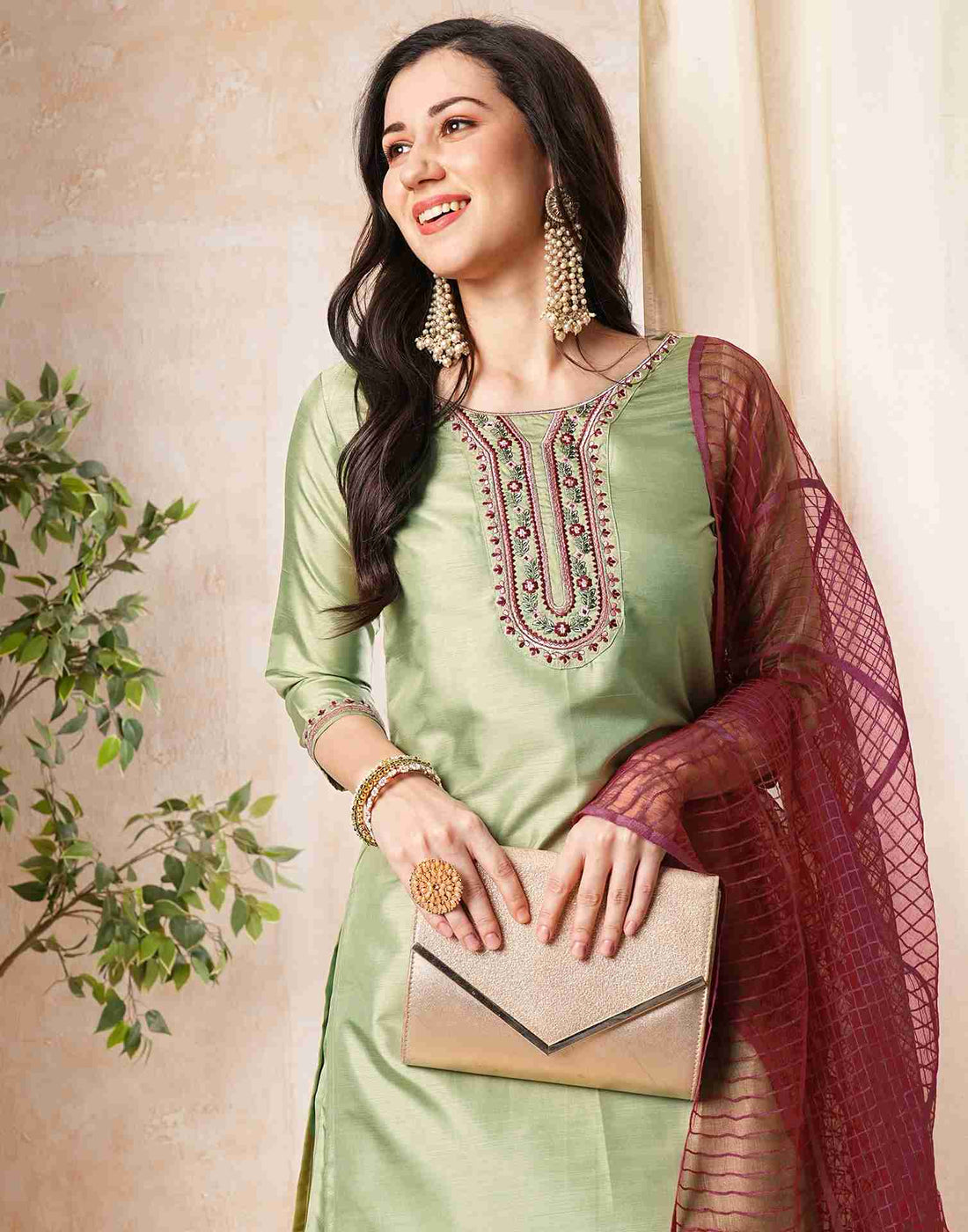 Light Green Embroidery Silk Straight Kurta With Pant And Dupatta