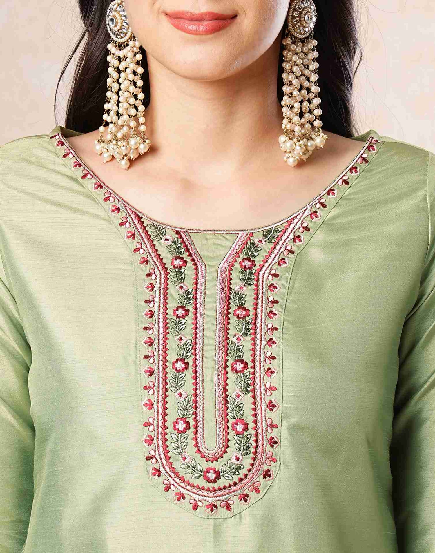 Light Green Embroidery Silk Straight Kurta With Pant And Dupatta