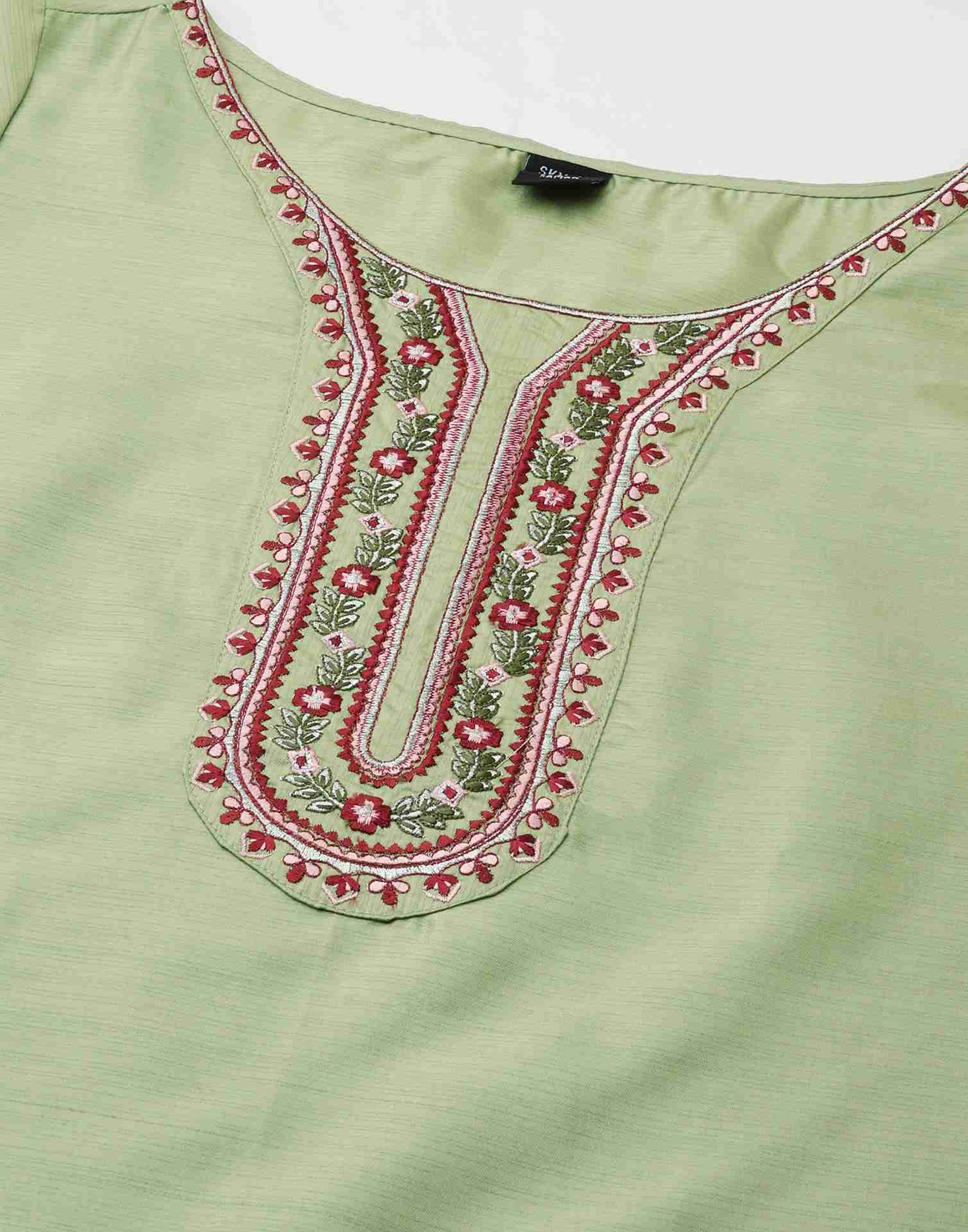 Light Green Embroidery Silk Straight Kurta With Pant And Dupatta