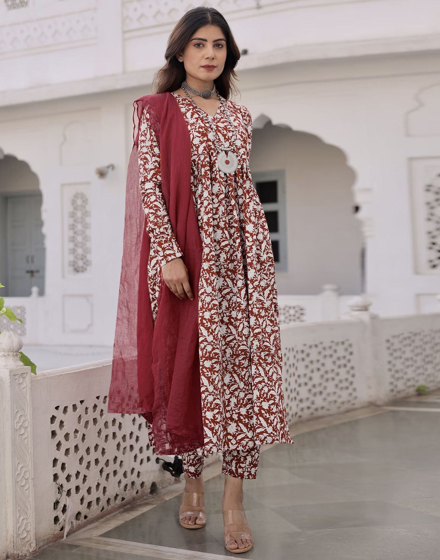 Maroon Printed Rayon A-Line Kurta With Pant And Dupatta